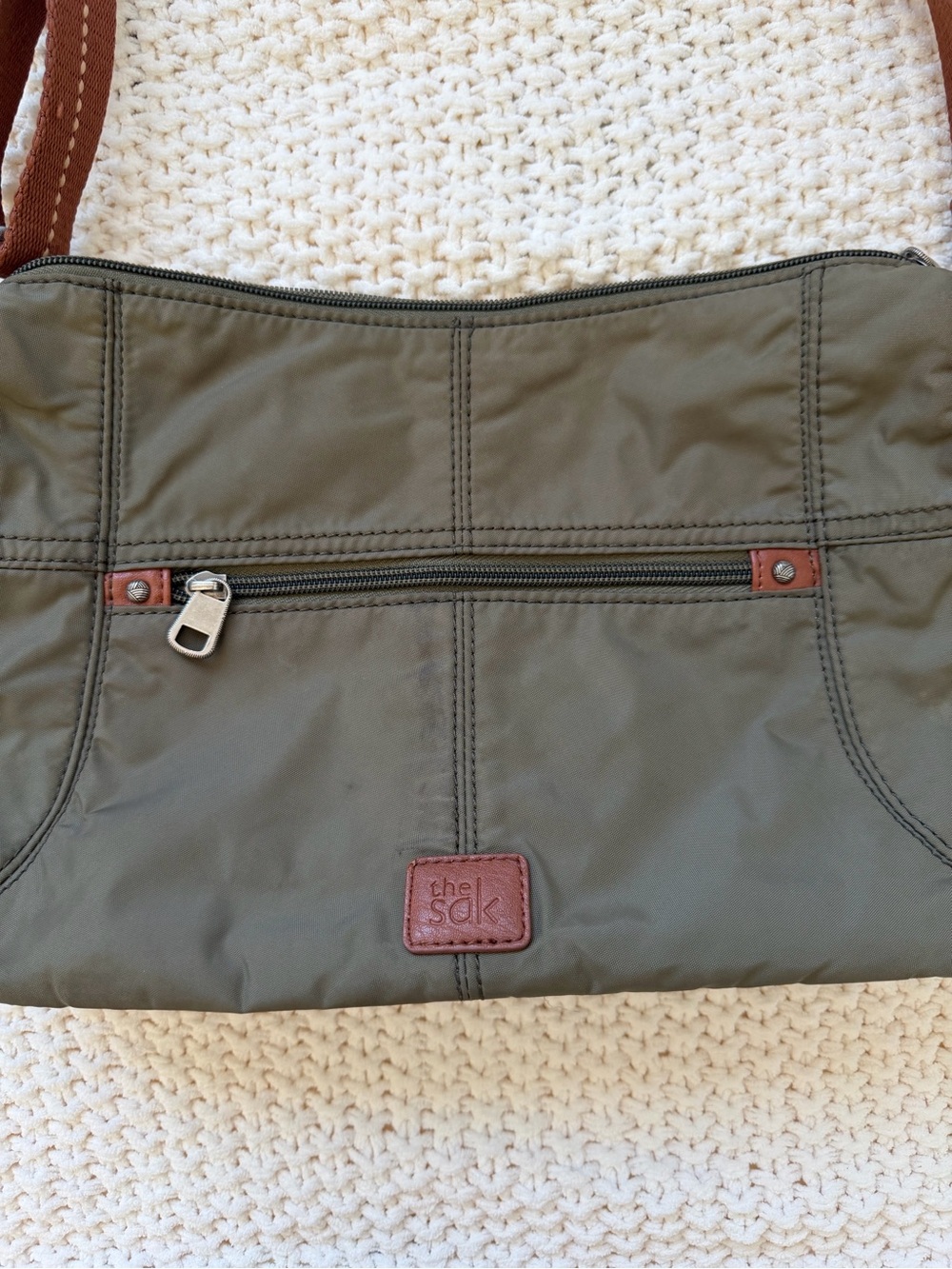 The Sak Olive Nylon Shoulder Bag with Brown Trim